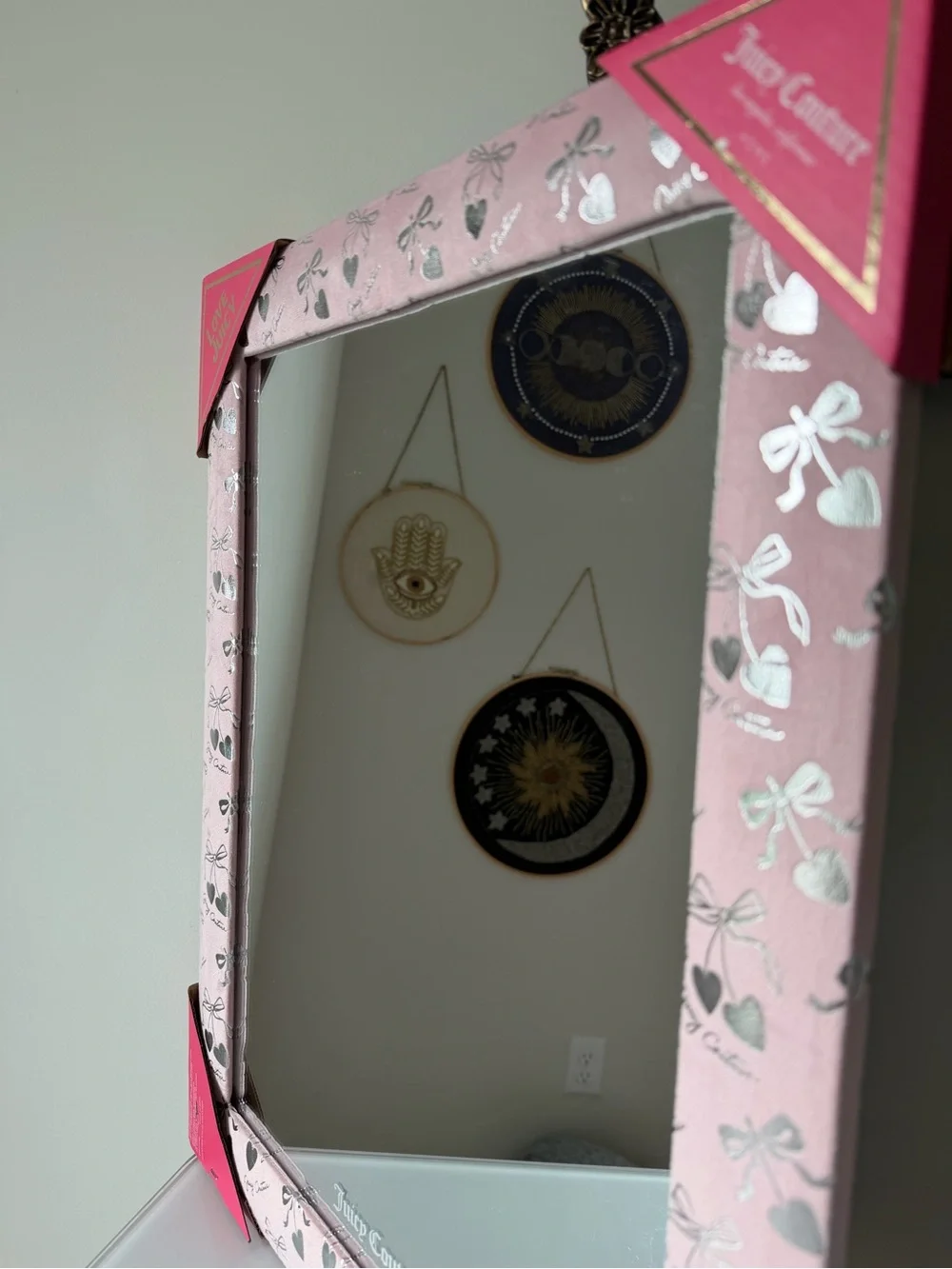 Juicy Couture Pink silver Cherry heart bow velvet framed wall Mirror